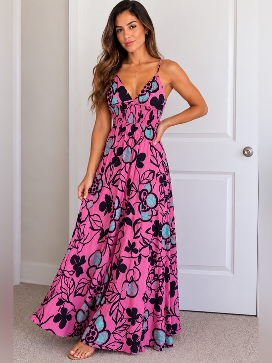 Zara Dresses & Skirts - Zara Pink Floral Maxi Dress with Black & Teal Accents
